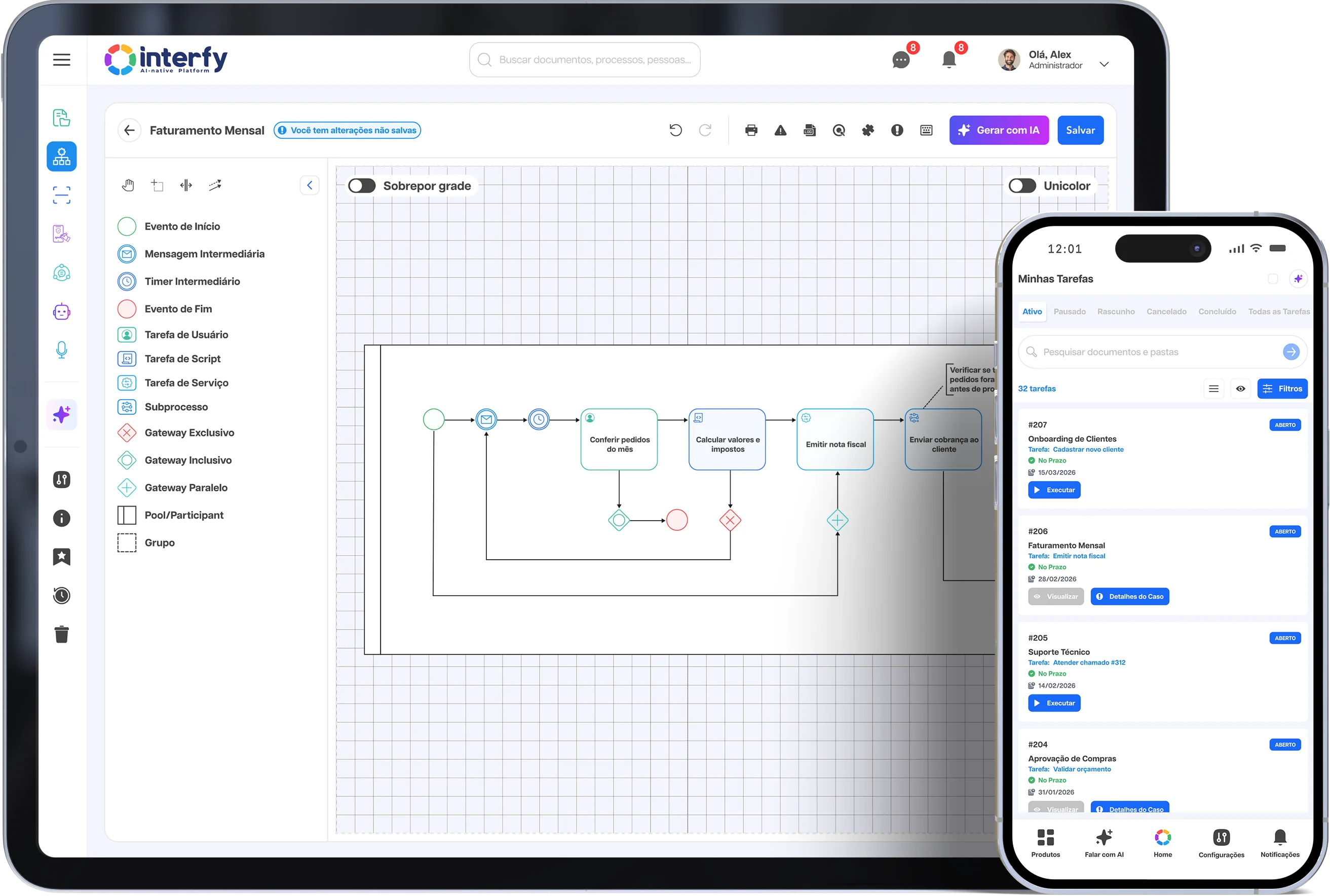 Plataforma Interfy Process exibida em tablet e smartphone, a mostrar o desenho visual de um processo e a lista de tarefas