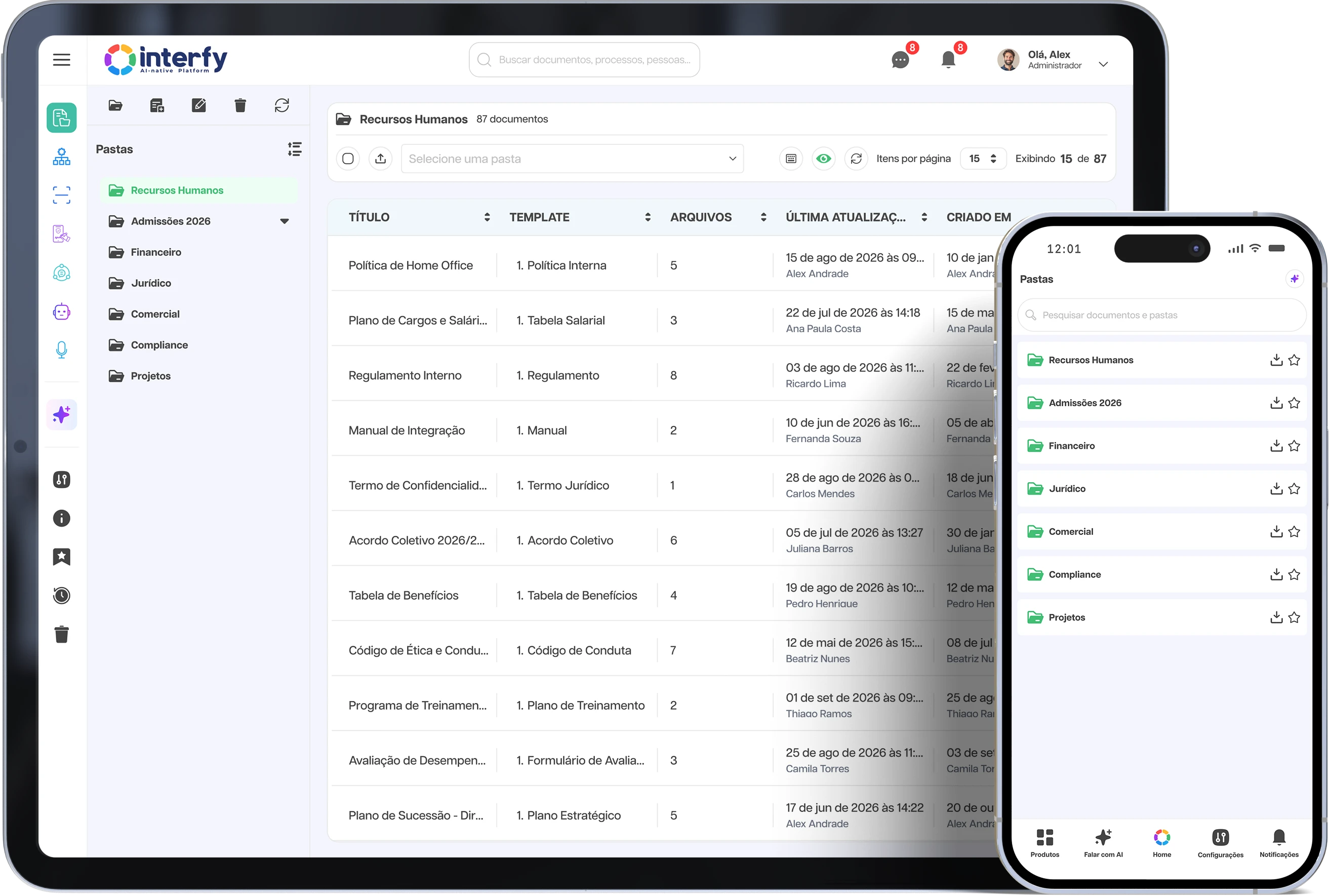 Plataforma Interfy Documents exibida em tablet e smartphone, mostrando a lista de documentos e pastas