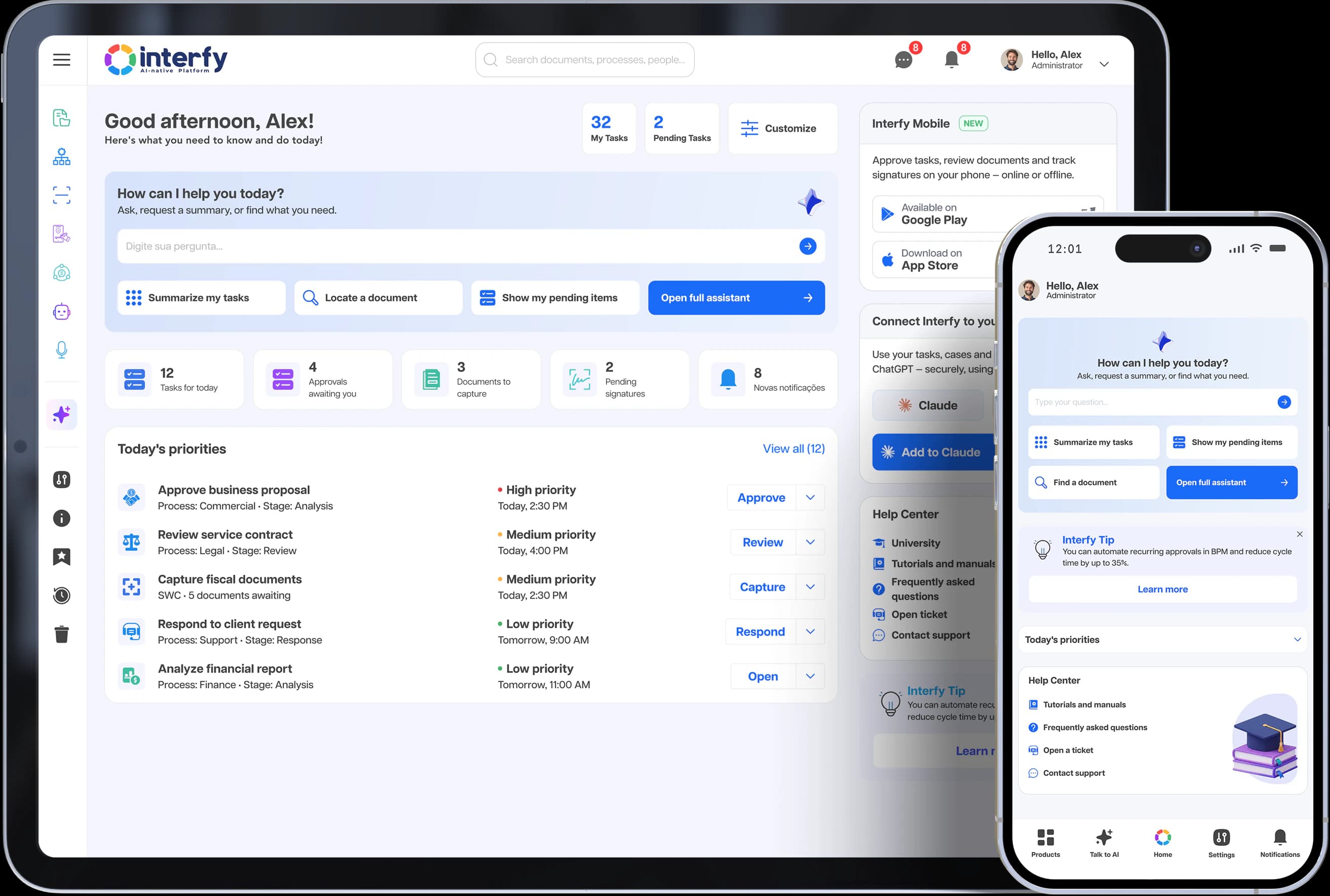 Interfy platform shown on laptop and smartphone, displaying the AI-powered management dashboard